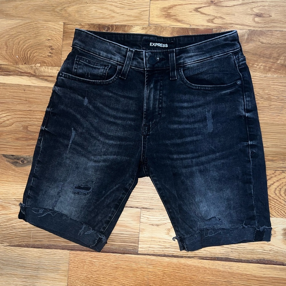 Express Men's Black Distressed Denim Shorts